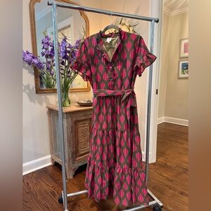 Midi Button-Front Tiered Dress in Magenta Leaf Print